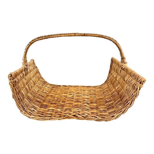 Vintage Woven Wicker Log Basket With Wrapped Handle For Sale