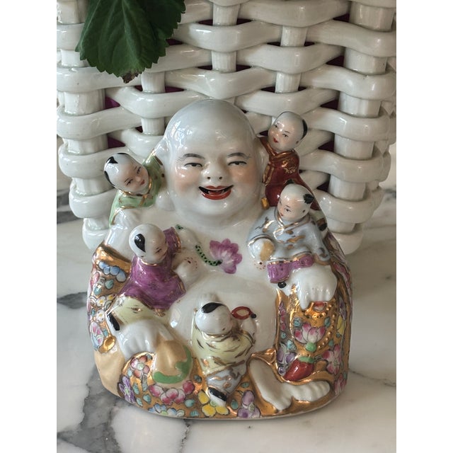 Vintage Chinoiserie Style / Palm Beach Style Famille Rose Porcelain Laughing Buddha With Five Children For Sale - Image 11 of 15