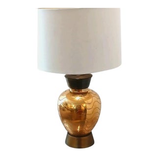 1950s Art Deco Gold Ceramic Lamp Etched Wavy Lines Modern W Shade Underwriters For Sale