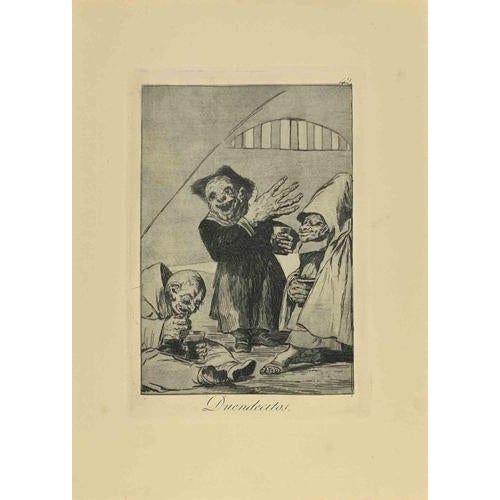 Duendecitos is a black and White aquatint, drypoint, and etching printed in blue-black ink on laid paper from Caprichos...
