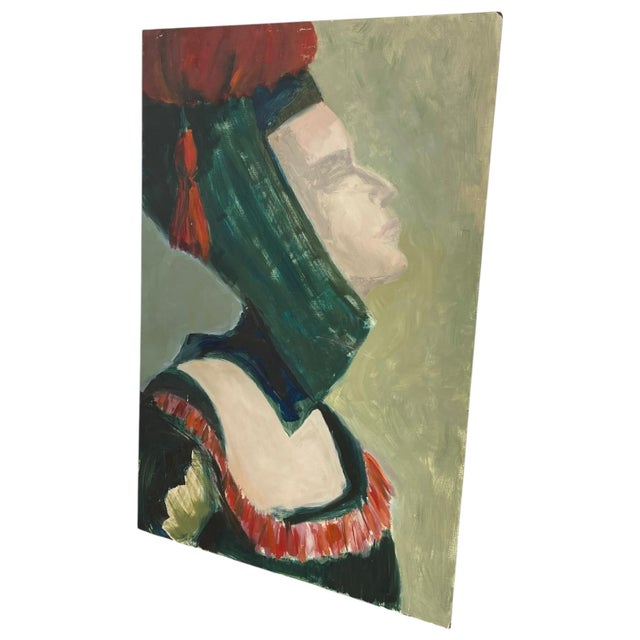 Green 1970s Portrait of a Woman From the Medieval Age by Olga Prell Abstract Painting on Board. For Sale - Image 8 of 11