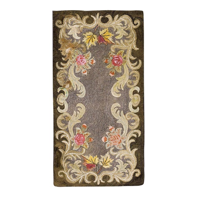 Special Greige Ground Color With Lovely Floral Design Antique American Hooked Rug For Sale
