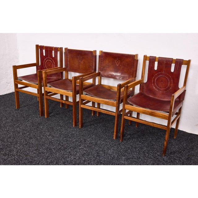 Mid-Century Modern Vintage Safari Style Leather Armchairs, 1970s, Set of 4 For Sale - Image 3 of 17