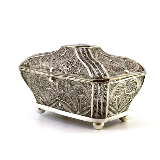 Silver Filigree Box with Reliefs and Monogram Plaque Lid For Sale - Image 3 of 8