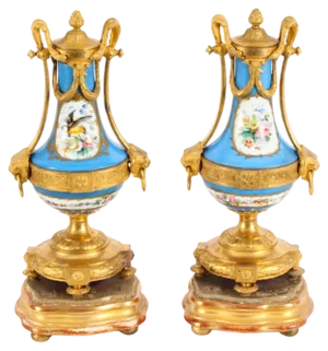 Antique French Bleu Celeste Sevres Urns, 19th Century, Set of 2