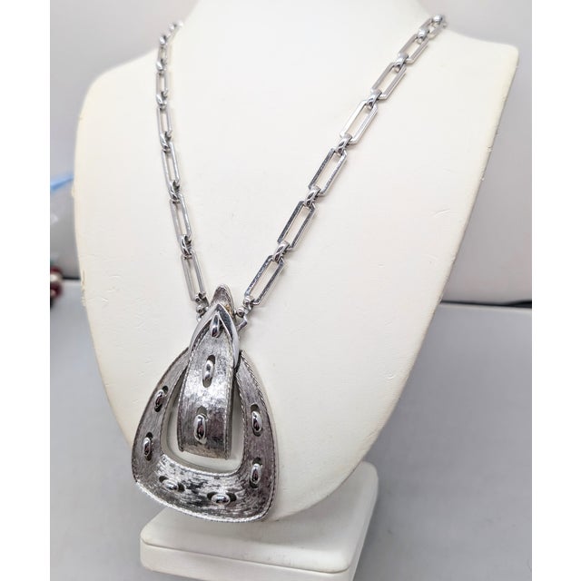 1970s Vintage 1970s Signed Monet Rhodium Plated Buckle Pendant Necklace For Sale - Image 5 of 7