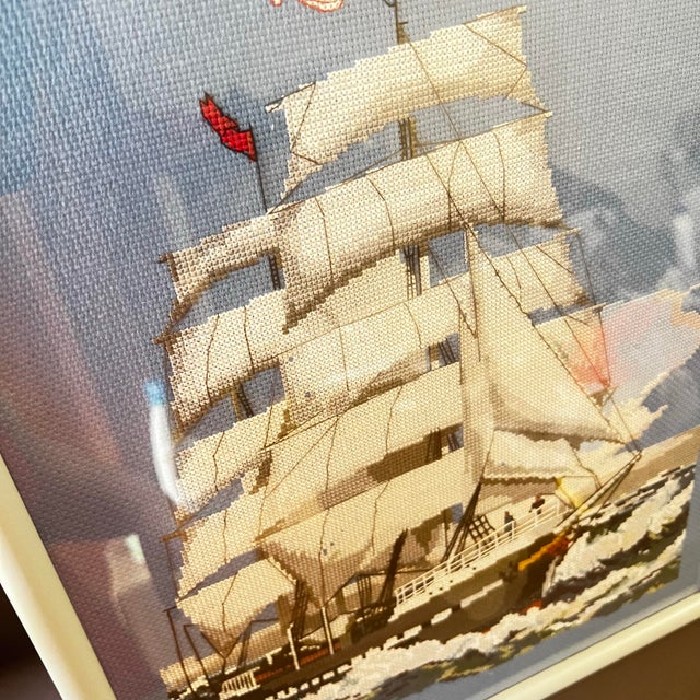 Nautical Vintage Signed Nautical Cross Stitch Ship Framed Textile Art c.1992 For Sale - Image 3 of 11
