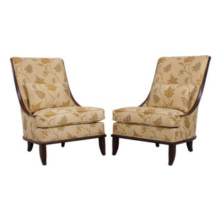 Pair of Drexel Heritage Upholstered Mahogany Slipper Chairs For Sale