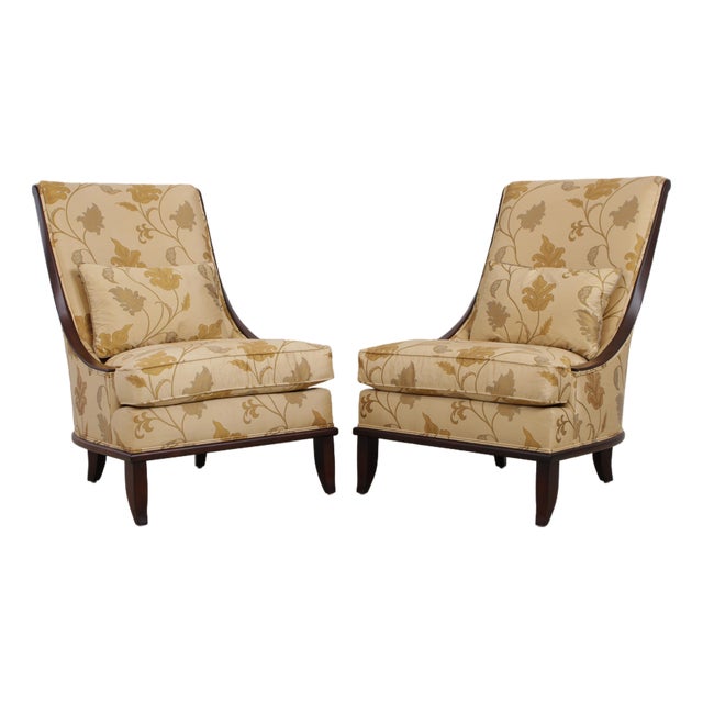 Pair of Drexel Heritage Upholstered Mahogany Slipper Chairs For Sale