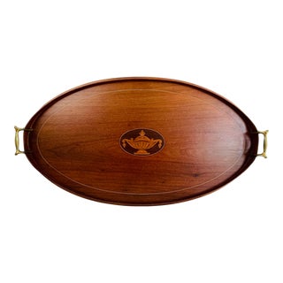 Early 20th Century English Inlaid Mahogany Oval Handled Serving Tray For Sale