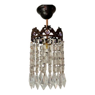 Small Vintage Crystal Chandelier – Bronze Filigree Crown & Amethyst Glass Accents For Sale
