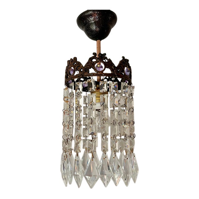 Small Vintage Crystal Chandelier – Bronze Filigree Crown & Amethyst Glass Accents For Sale