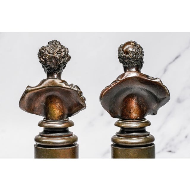 Amazing Pair Antique Bronze English Neoclassical Grand Tour Statue Sculpture Bust Royalty Home Decor For Sale - Image 14 of 17