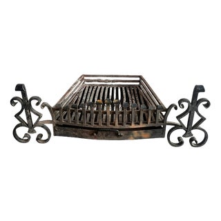 Vintage Wrought Iron Fireplace Grate with Andirons, Set of 3 For Sale