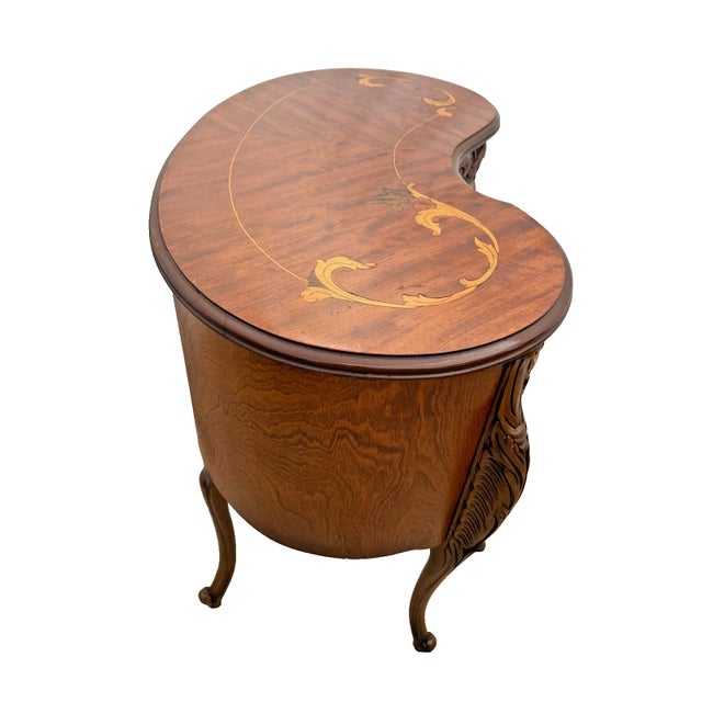 Vintage French Desk Kidney Shaped Vanity Three Carved Drawers Inlays Petite Size For Sale - Image 9 of 13