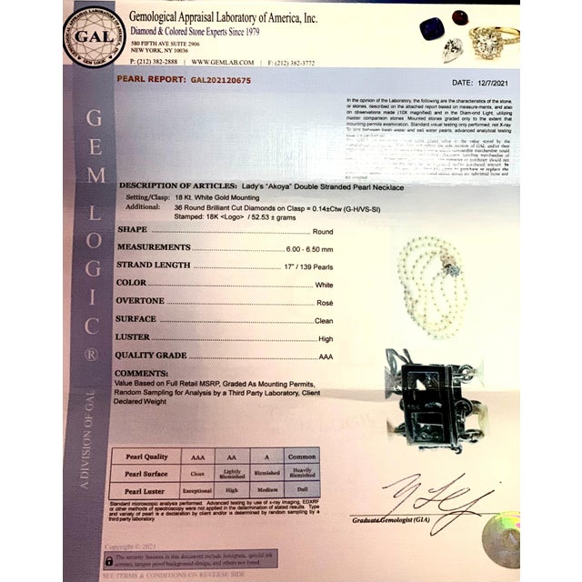 Diamond Akoya Pearl 2-Strand Necklace 18k Gold Certified For Sale - Image 11 of 11