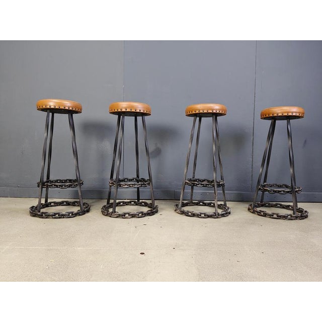 Brown Brutalist Chain Link Bar Stools, 1970s, Set of 4 For Sale - Image 8 of 11