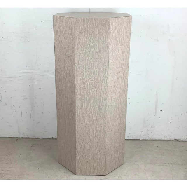 This tall vintage modern octagonal pedestal table features faux pearl laminate finish and stands three feet tall. Perfect...