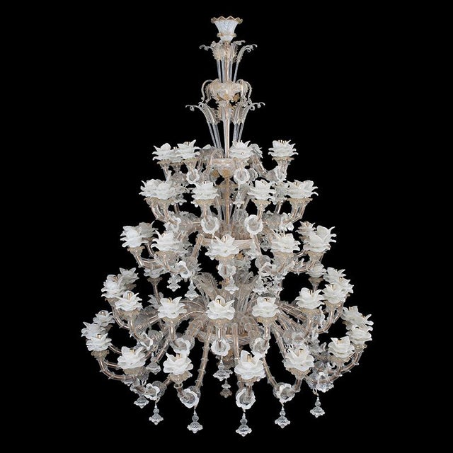 White Rezzonico Chandelier in Murano Glass, Crystal and Bronze, 1950s For Sale - Image 8 of 8