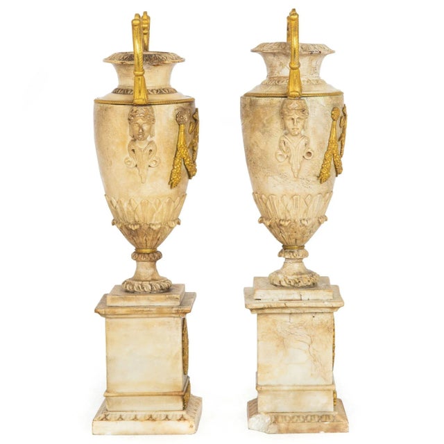 French Pair Charles X Bronze-Mounted & Carved Alabaster Vases For Sale - Image 3 of 12