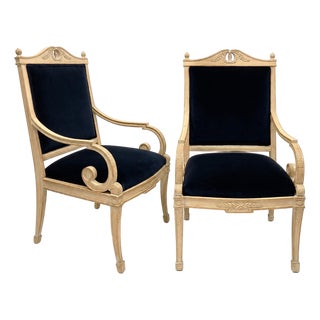Mid-Century French Neo- Classical Style Beech & Navy Velvet Bergere Chairs - Pair For Sale