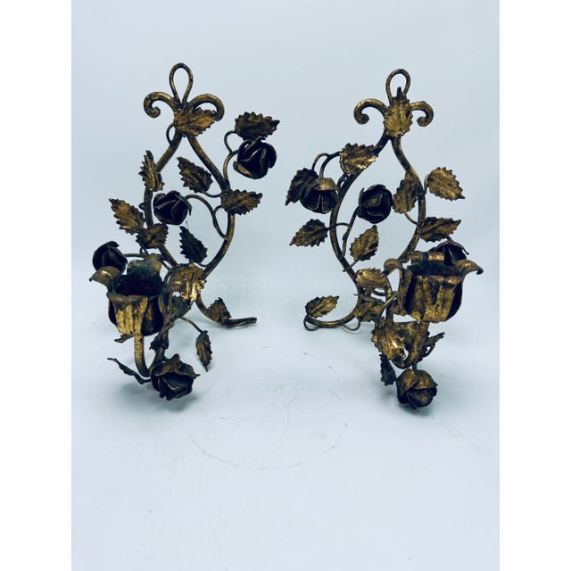 Italian Gold Tole Candle Sconces, a Pair For Sale - Image 9 of 9