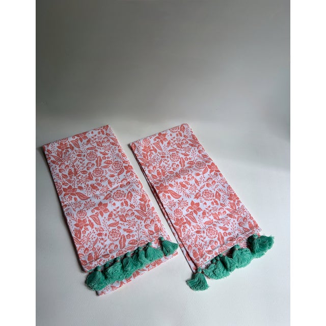 Pair Unused White Cotton, Coral Floral, Teal Tasseled Hand Towels For Sale - Image 17 of 17