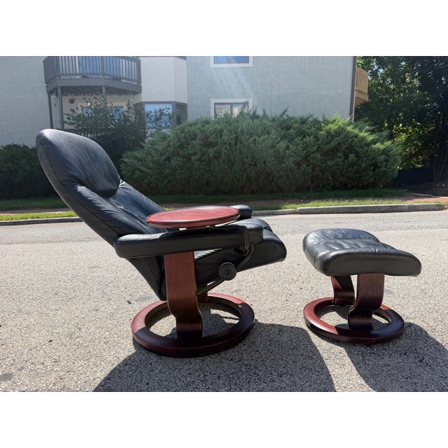 2010s Black Leather Ekornes Stressless Chair & Ottoman For Sale - Image 5 of 12