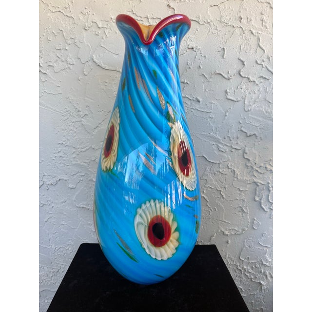 Mid-Century Modern Large Vintage Murano Art Glass Vase With Millefiori Flowers, Gold Aventurine & Heart-Shaped Rim, Italy For Sale - Image 3 of 12