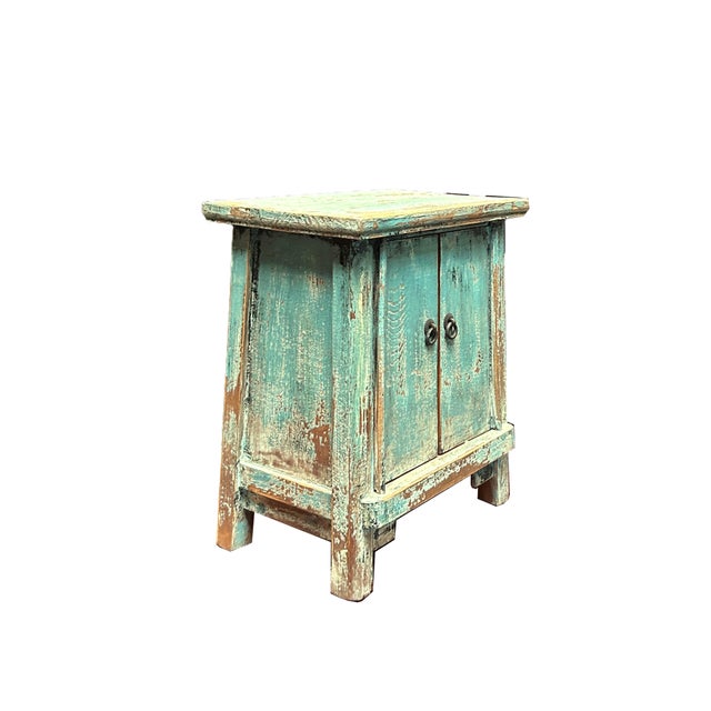 Rustic 16.25" Distressed Light Blue 2 Doors End Table Nightstand Chest For Sale - Image 3 of 6