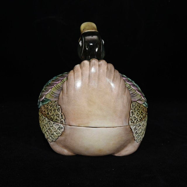 Vintage Famille Rose Porcelain Duck Tureen – 7.5" Lidded Box With Gilt Calligraphy For Sale - Image 4 of 9