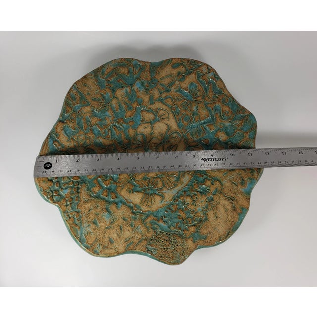 1990s Decorative Handmade Teal Floral and Geometric Pottery Plate/Bowl Signed For Sale - Image 10 of 10