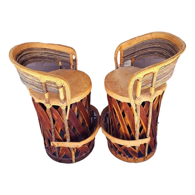 Vintage Mexican Equipal Pigskin & Cedar Barrel-Back Bar Stools - Pair For Sale