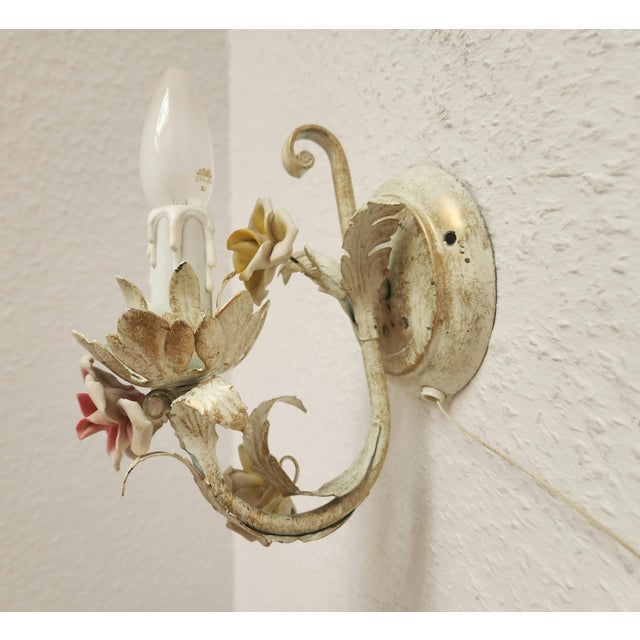 Vintage Handmade Hand-Forged Toleware Ceiling Lamp and Wall Lamps with Porcelain Flowers and Roses, 1950s, Set of 4 For Sale - Image 16 of 18