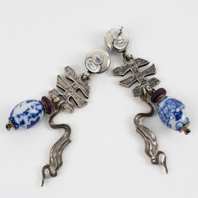 1980s Zoe Coste Silvered Metal and Enamel Dangle Pierced Earrings For Sale - Image 5 of 7