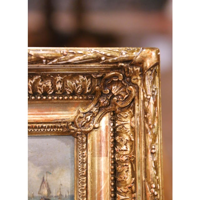 Pair of 19th Century French Marine Oil Paintings in Giltwood Frames, Dated 1878 For Sale - Image 9 of 12