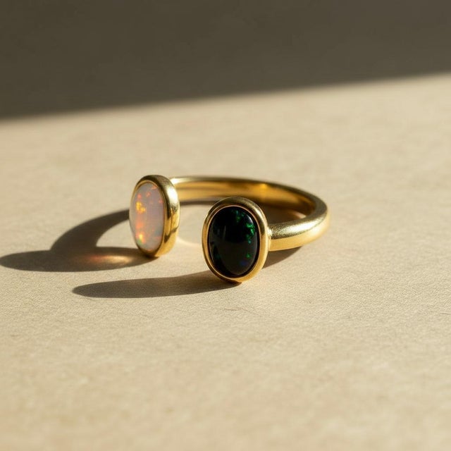 Toi et Moi Gemstone Ring: White Opal and Black Opal. Perfect "You n I" Gold Birthmonth gemstones ring. Metal: 925 silver +...