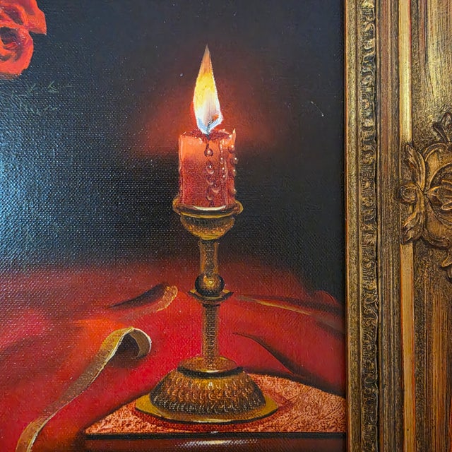 Mid-20th Century Candlelit Rose Still Life Oil Painting Signed Ruschè For Sale - Image 13 of 18