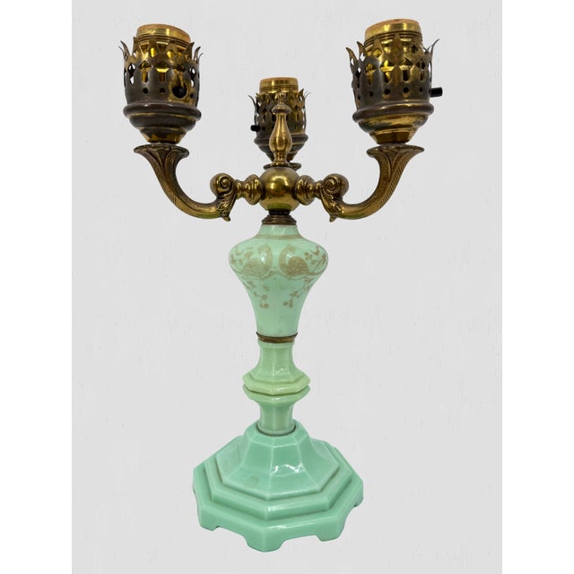 Art Deco Vintage Jadeite 3 Arm Table Lamp For Sale - Image 3 of 15