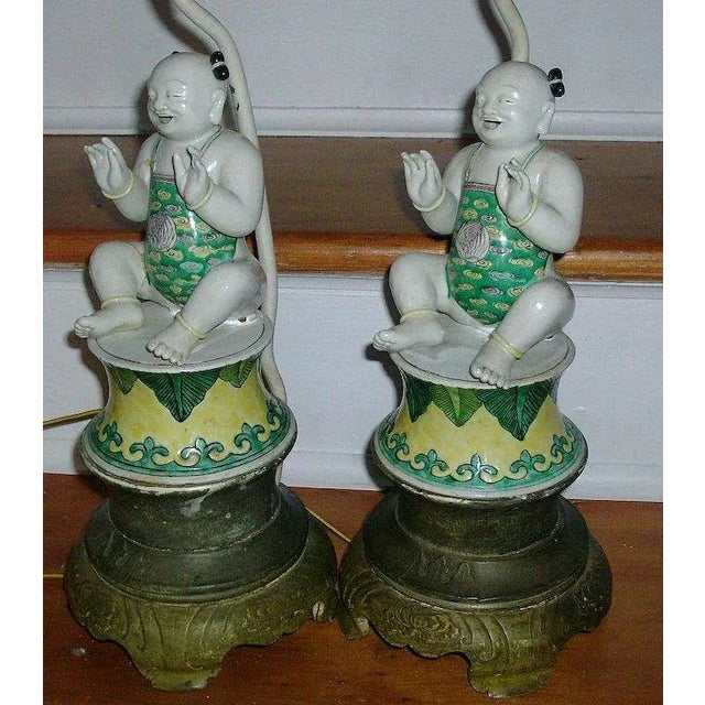 19th Century Chinese Kangxi Porcelain Ho Ho Boys in Famille Vert Glaze as Lamps - a Pair For Sale - Image 4 of 7