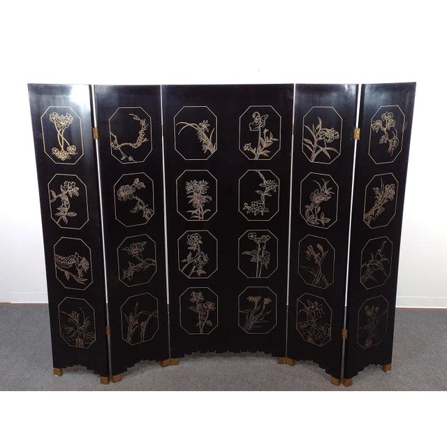 Chinese Vintage Chinese Five-Panel Black Lacquer Hardstone Inlaid Crane Room Divider Screen For Sale - Image 3 of 12