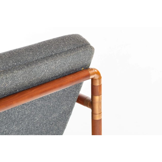 Unique Industrial Brass and Walnut Lounge Chair with Gray Tweed Upholstery, USA, circa 1970's For Sale - Image 9 of 11