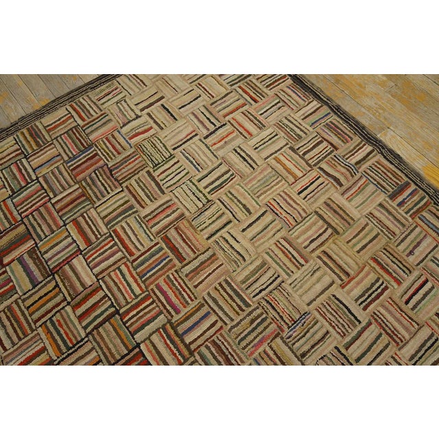 1890s Multi Brown Geometric Antique American Hooked Rug 4'3" X5'9" Woven Wool Carpet For Sale - Image 13 of 14
