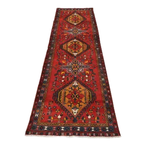 Karajeh Runner 3'7'' X 10'5'' Red Wool Semi-Antique Tribal Hand-Knotted Rug