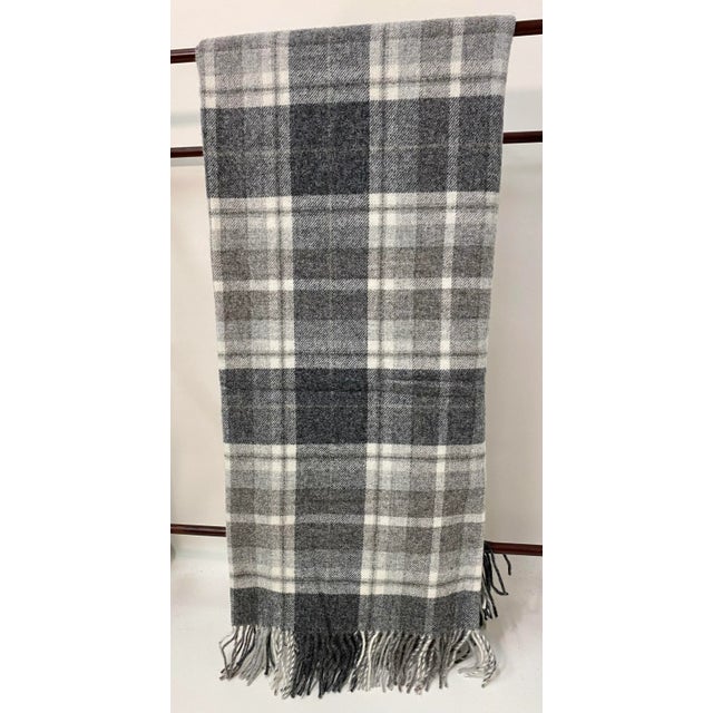 Super Soft Merino Wool Throw in a Masculine Grey on Grey Plaid Pattern. Made in England For Sale - Image 13 of 13