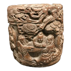 Vintage Chinese Art Carved Bamboo Mountain Villages Scenery Brushpot Sculpture