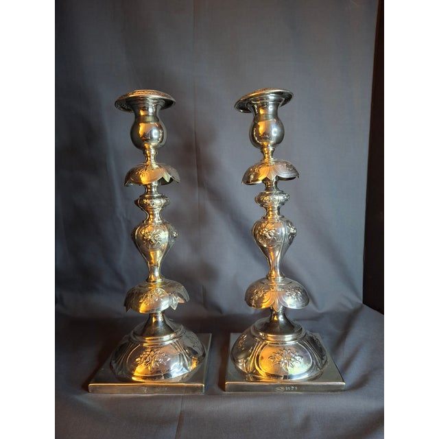 Antique Polish Judaica Silver Plated Shabbat Candlesticks Chaim Grun Warsaw 12" For Sale - Image 17 of 18