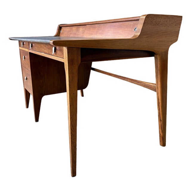 John Van Koert for Drexel Profile Mid Century Leather Top Walnut Desk For Sale