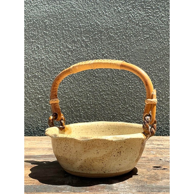 Late 20th Century Vintage Rattan Handle Studio Pottery Bowl For Sale - Image 5 of 12
