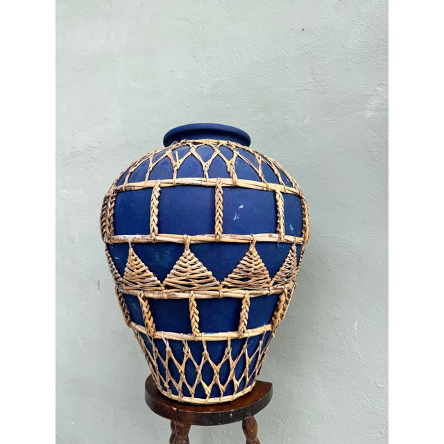 Wood Bleu Majorelle Terracotta Woven Vessel / Vase — Cobalt Blue Mediterranean Coastal For Sale - Image 7 of 11